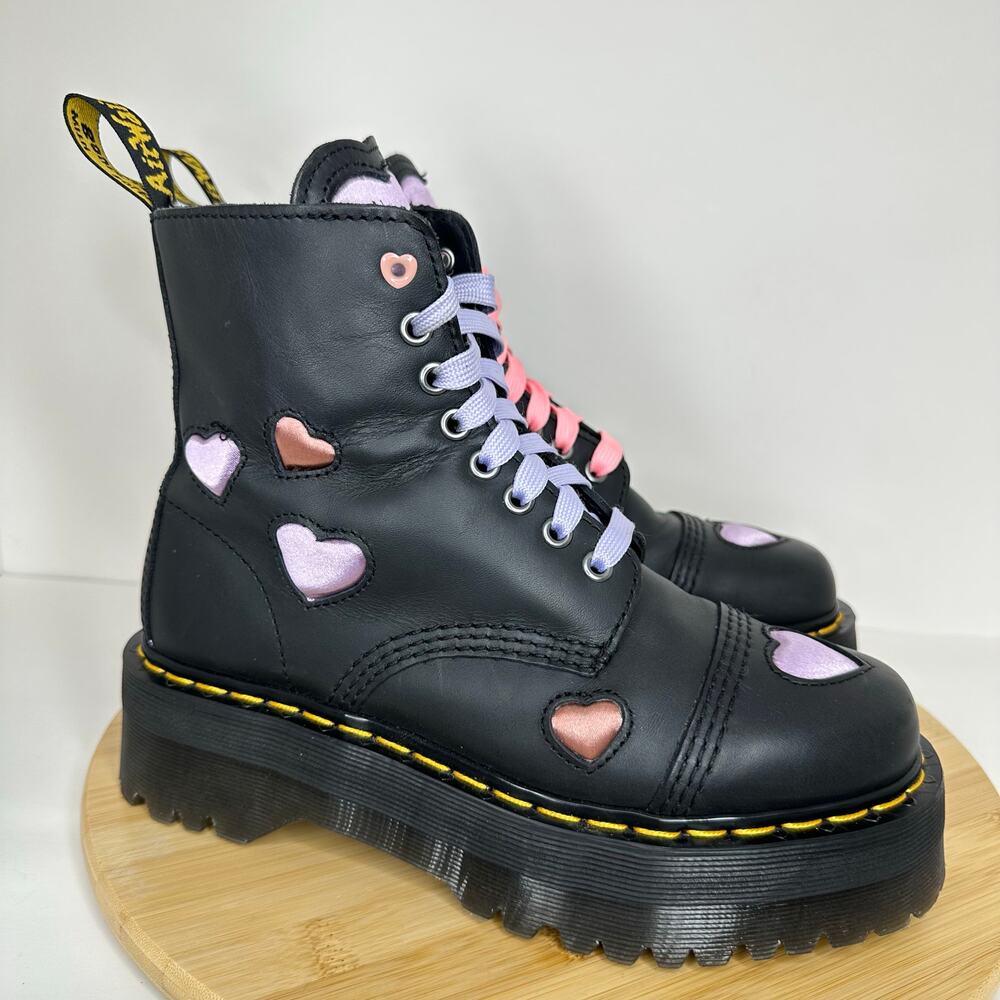 Dr Martens Sinclair Leather Heart Platform Boots Black Pink Purple Platform Sz 7 - Picture 2 of 6